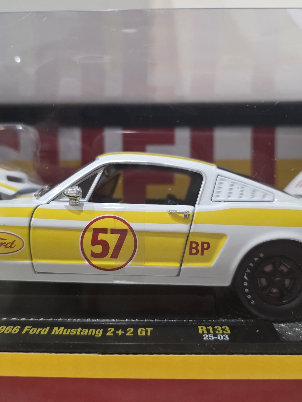 Ford White & Yellow 1966 Mustang 2+2 GT Toy Car - #57 Racing Livery